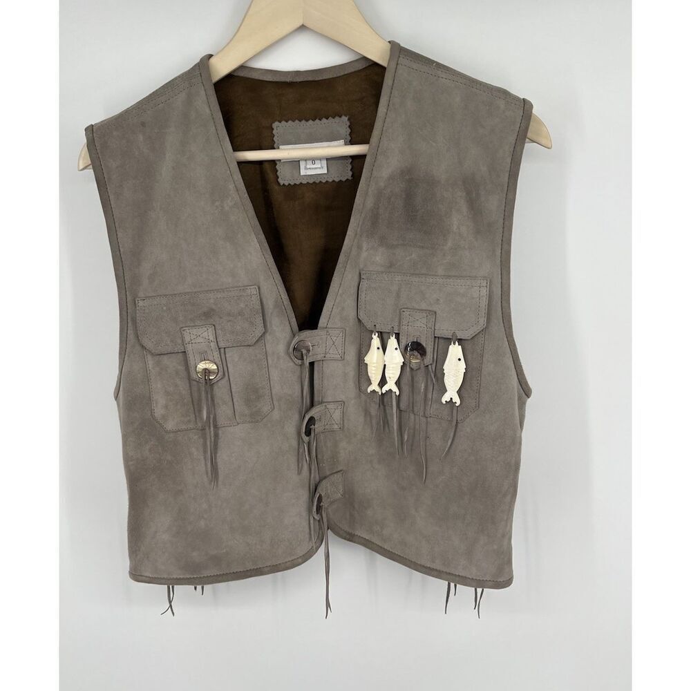 Vintage Livingston Williams 0 Leather Suede Grey Vest Fish Tassel Boho Hippie